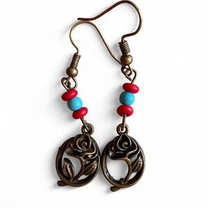 Handmade Antique Bronze Rose Earrings Boho Western Turquoise Red